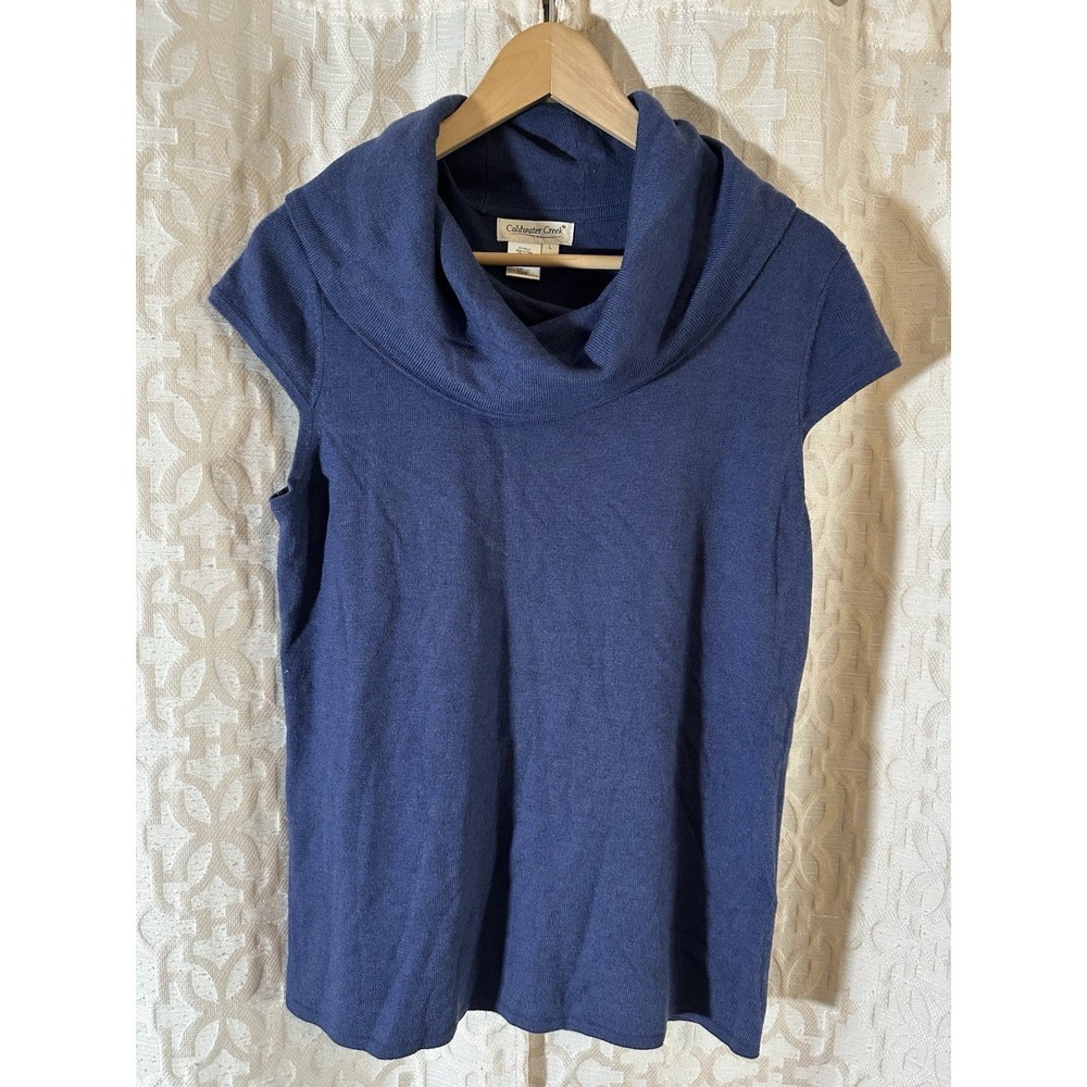 Coldwater Creek Womens Blue Knit Cowl Neck Short Sleeve Pullover Sweater Large